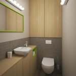 дизайн туалета, санитарный узел, дерево, серый цвет в интерьере, навесной унитаз, умывальник в туалете