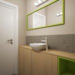 ванная комната, серый цвет в интерьере, ярко-зеленые акценты, маленькая раковина в ванной, деревянная тумба