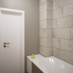 ванная комната в сером цвете, потолок темнее стен, плитка разных размеров в интерьере ванной